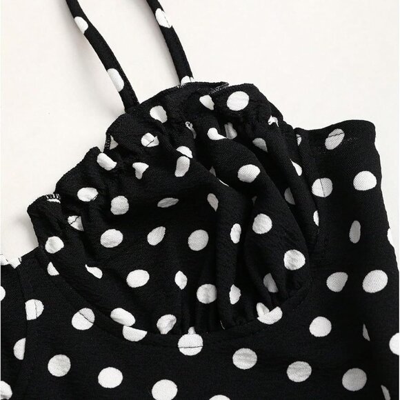 Women's Polka Dot Fishtail Maxi Dress with Ruched Bust Frill Trim - Picture 4 of 5